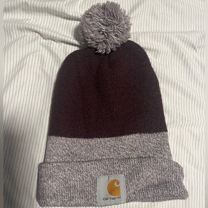 Carhartt Puff/Pom Beanie. Marroon/brown and light purple/grey.